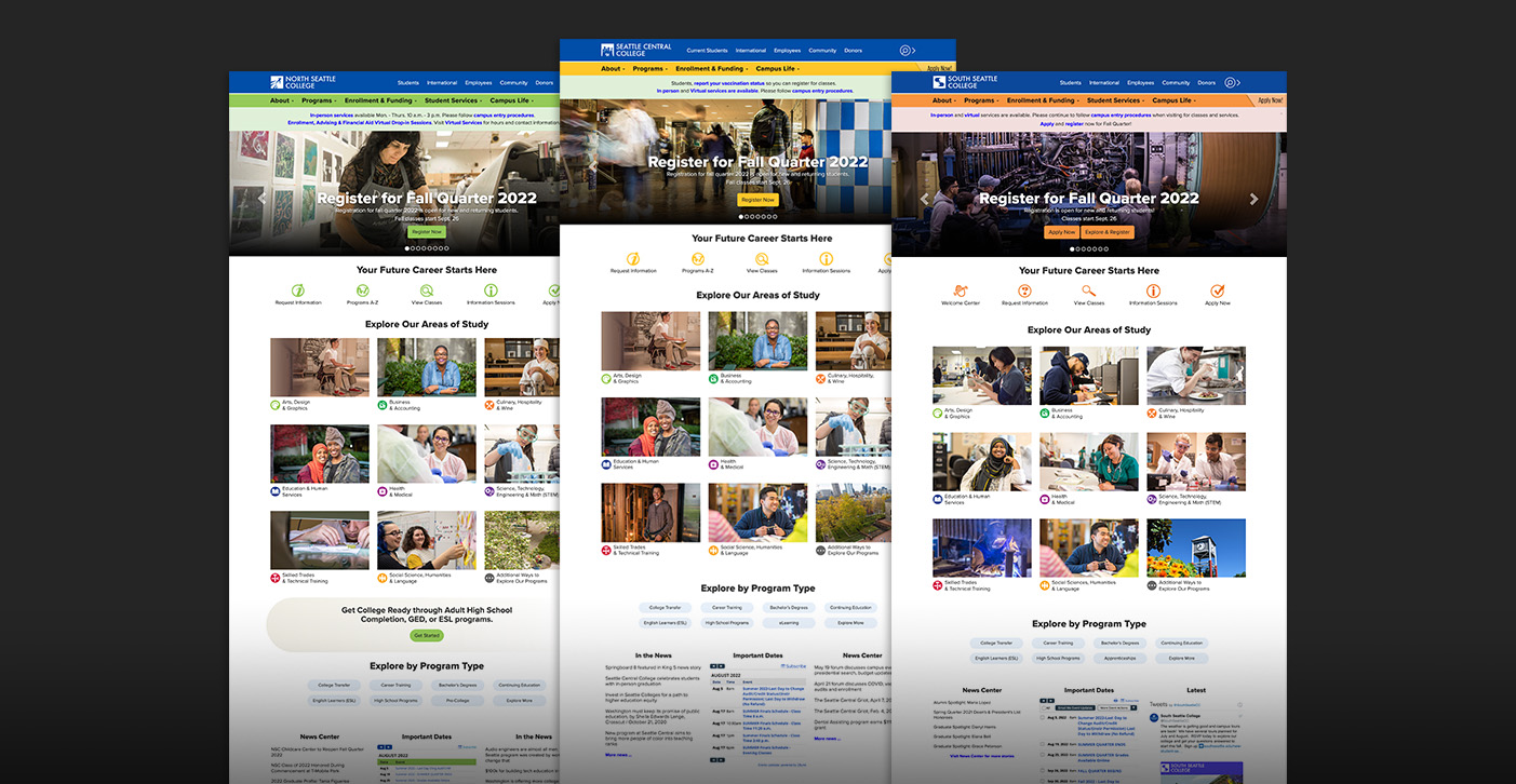 North Seattle, Seattle Central, and South Seattle College front pages