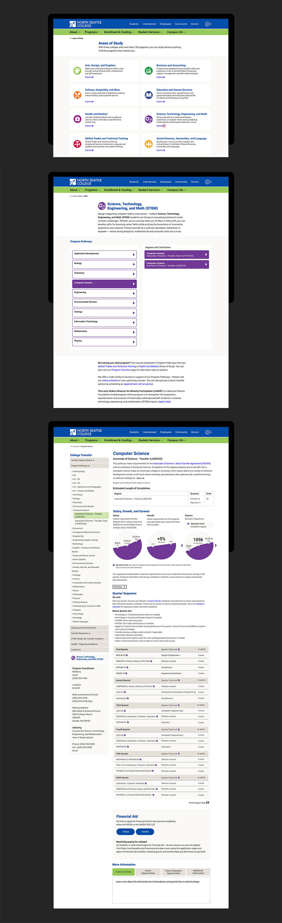Areas of Study filter and degree pages